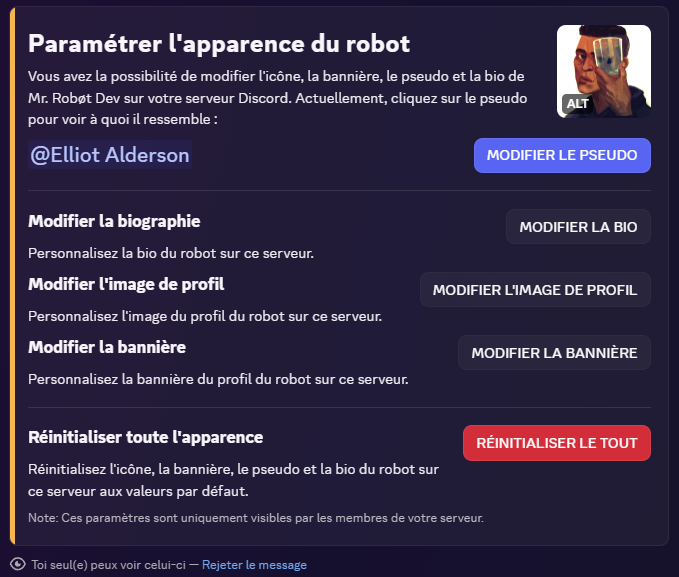 Message ouvert depuis la commande /paramètres apparence sur le robot Discord Mr. Robot app